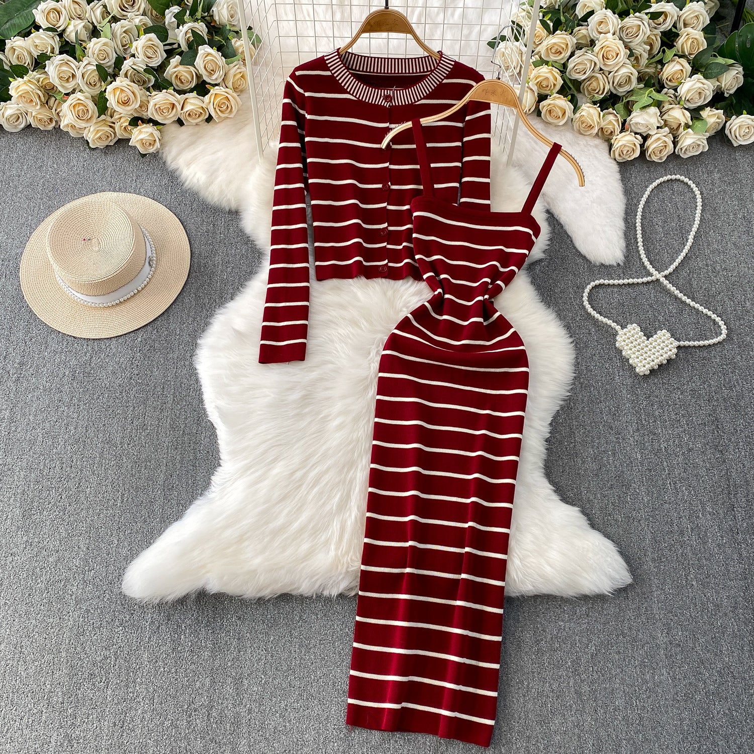 Elegant Striped Slip Dress And Knitted Cardigan Set
