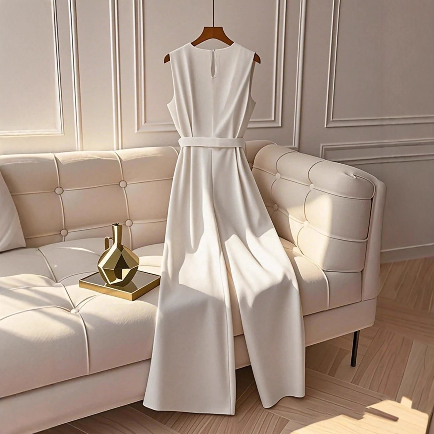 Womens Sophisticated White Sleeveless High-waisted Stylish Jumpsuit