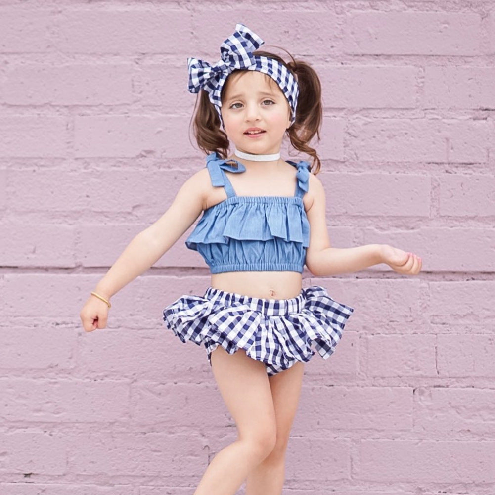 European And American Summer New Suspenders Denim Clothes To Lattice Butt Pants Headscarf