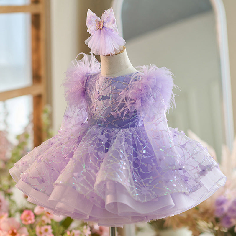 Butterfly Sequined Long Sleeve Princess Dress For Children