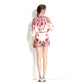 Balloon Sleeve Turtleneck Vintage Print Shirt Loose Shorts Set