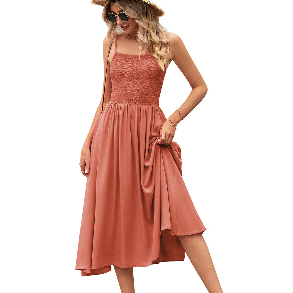 Women's Square Collar Pleating Bohemian Strap Dress
