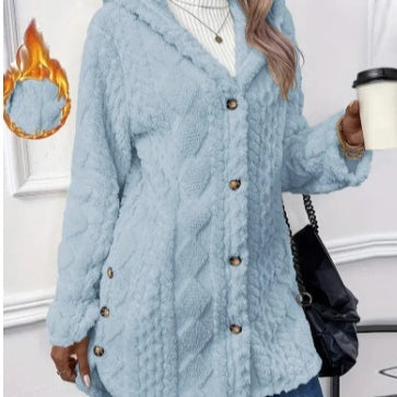 Cardigan à capuche boutonné, veste longue d'hiver, manteau à manches longues de couleur unie