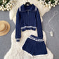 Breasted-collar Striped Sweater And Wide-leg Shorts Set