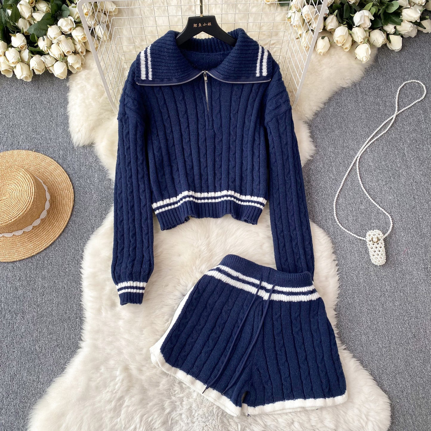 Breasted-collar Striped Sweater And Wide-leg Shorts Set