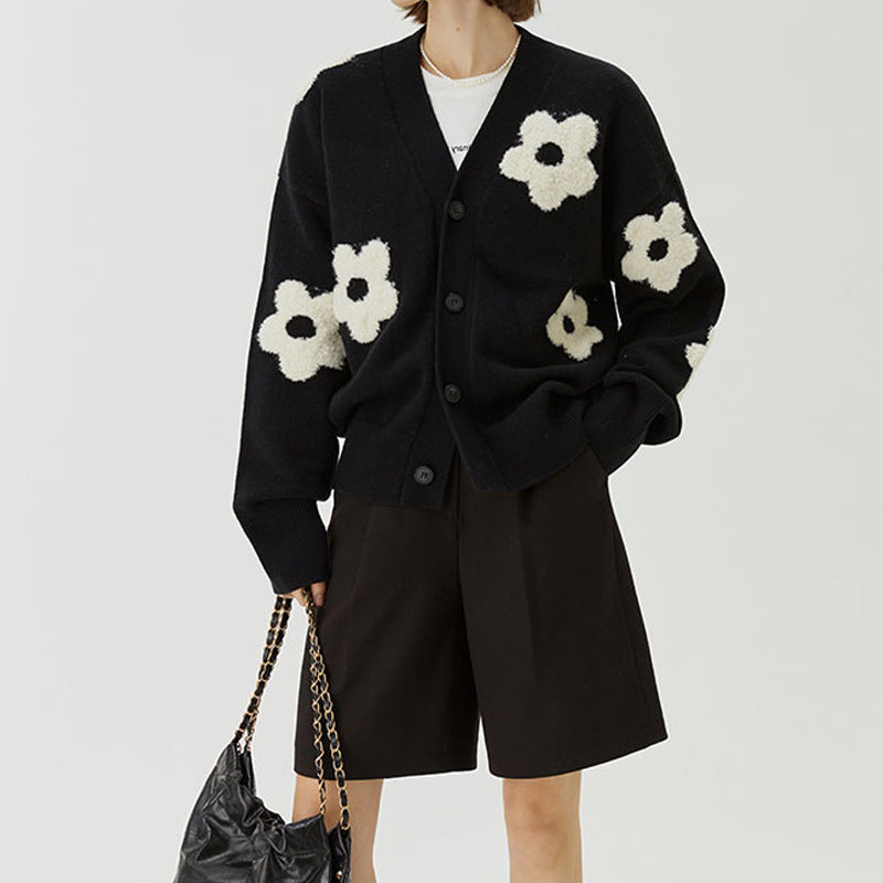 Women's V-neck Three-dimensional Applique Thin Floral Knitwear Jacket