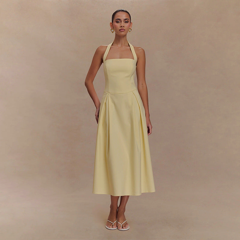 Spring New Sleeveless Backless Halter Square Collar Sling Dress