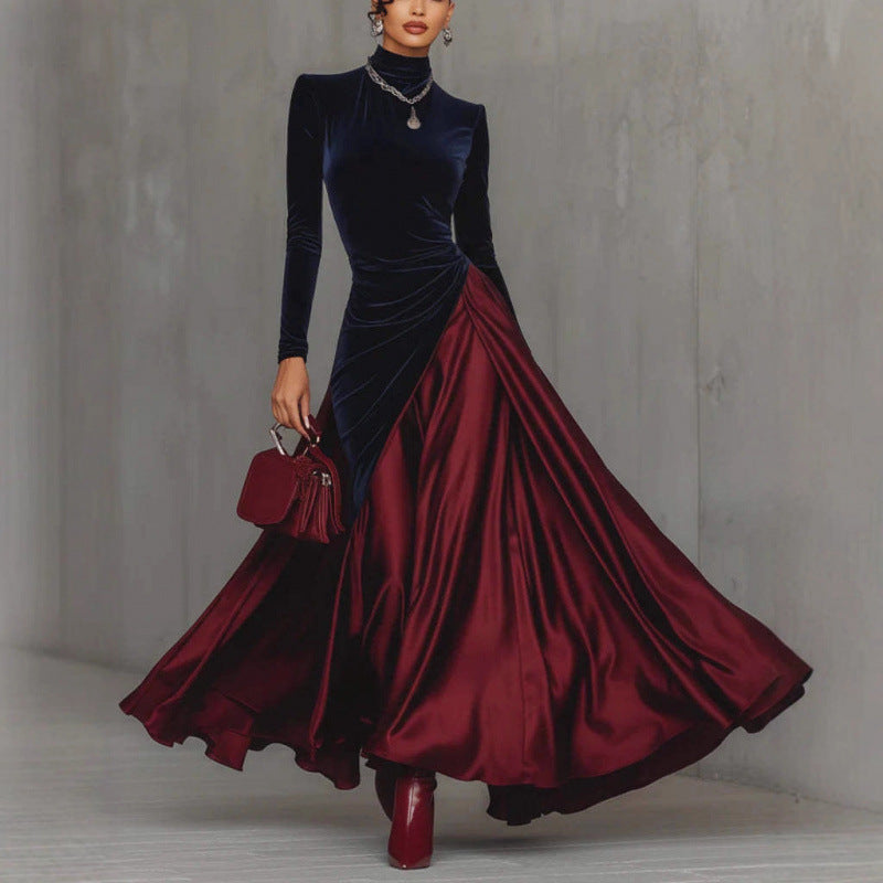 Womens Velvet Patchwork Color-Block Turtleneck Gown