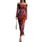 Printed Pleated Tight Split Square Collar Dress