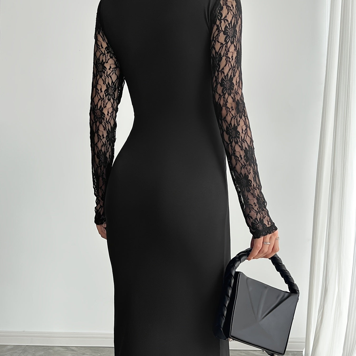Womens Color-Block Lace Slit Sexy Bodycon Dress
