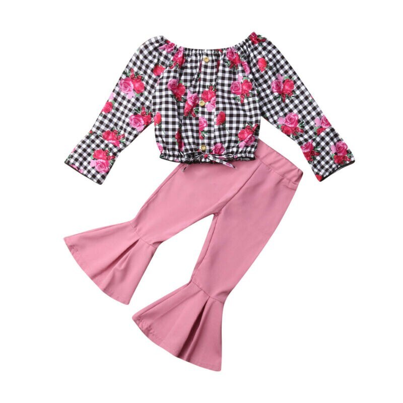 Vêtements pour filles, pantalons évasés à manches longues et à carreaux pour enfants de petite et moyenne taille 