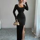 Women's Solid-Color Slimming Knitted Long-Sleeve Split Dress
