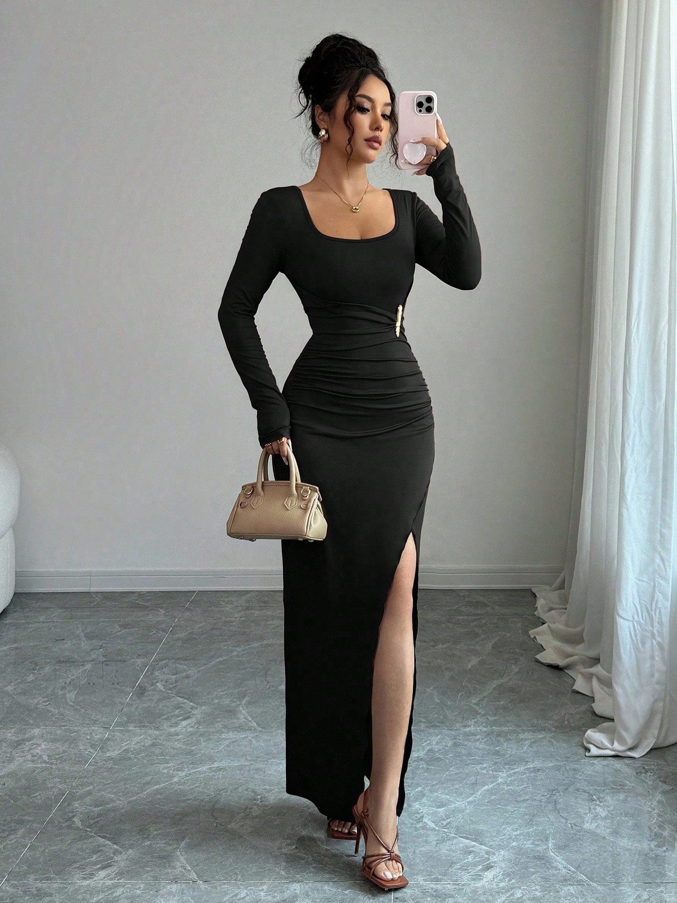Women's Solid-Color Slimming Knitted Long-Sleeve Split Dress