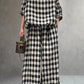 Half Sleeve Linen Plaid Round Neck T-shirt Wide Leg Pants