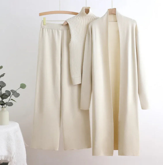 Elastic Waist Wide Leg Pants Knit Three Piece Set