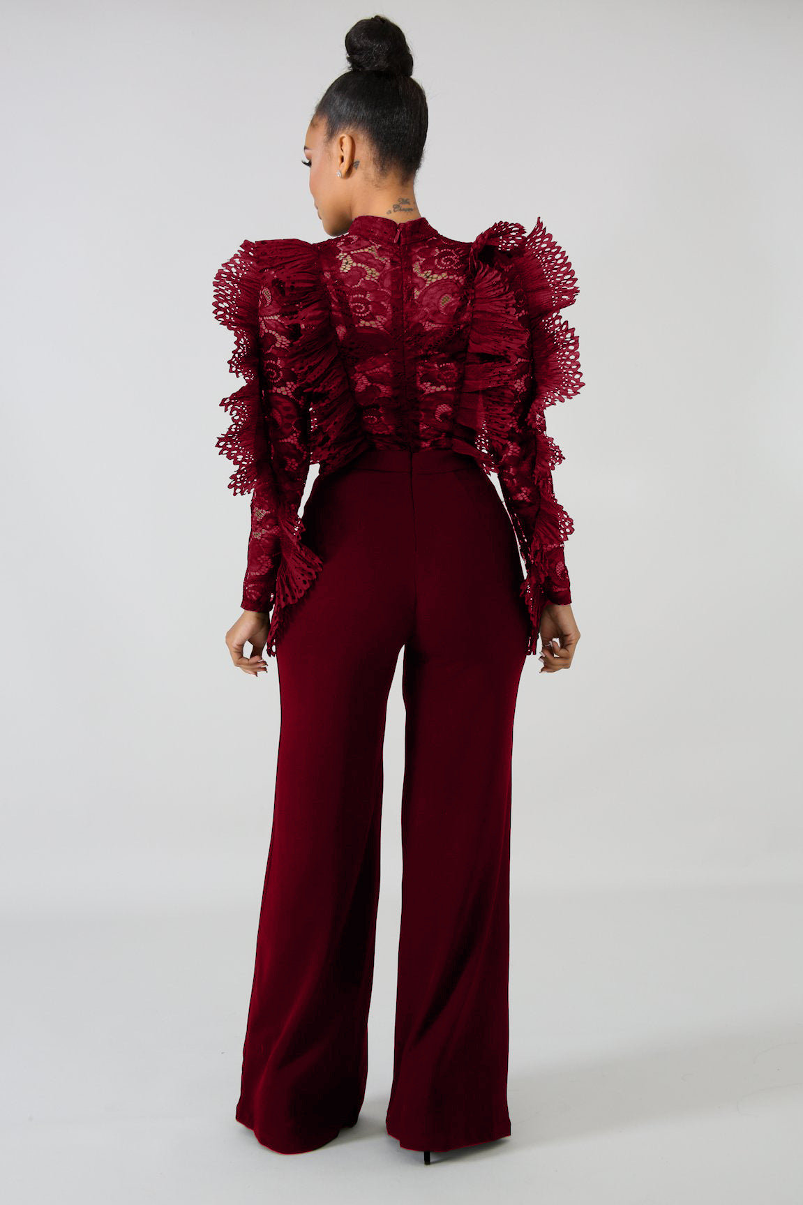 Ruffled lace perspective jumpsuit