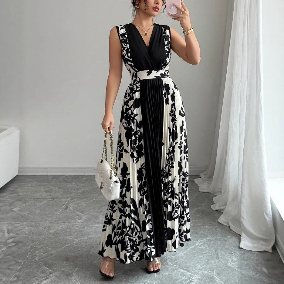 Sleeveless Printed Temperament V-neck Color-block Midi Dress