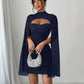 Round-neck Ribbed Pearl Chiffon Cape Bodycon Dress