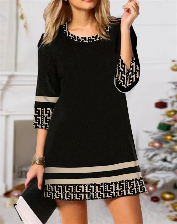 Women's Plaid Stitching Round Neck Slim Fit Dress