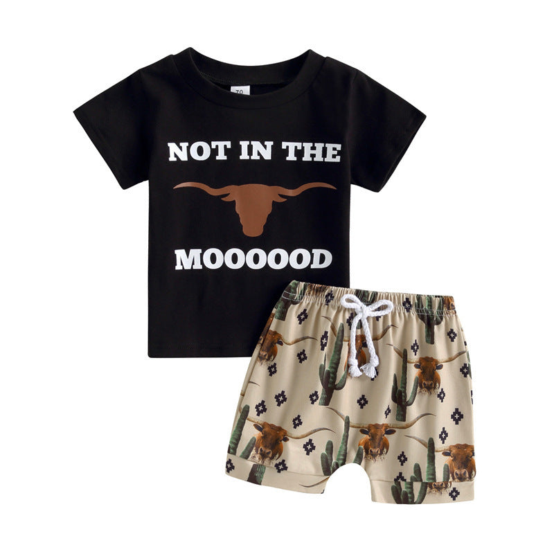 Boys' Printed Letters Round Neck Short Sleeve Shorts Suit