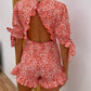 Back Short-sleeved Floral Ruffled Lace-up Jumpsuit