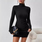 European And American Turtleneck Slim Fit Sunken Stripe Solid Color Sheath Short Skirt Jumpsuit Knitted