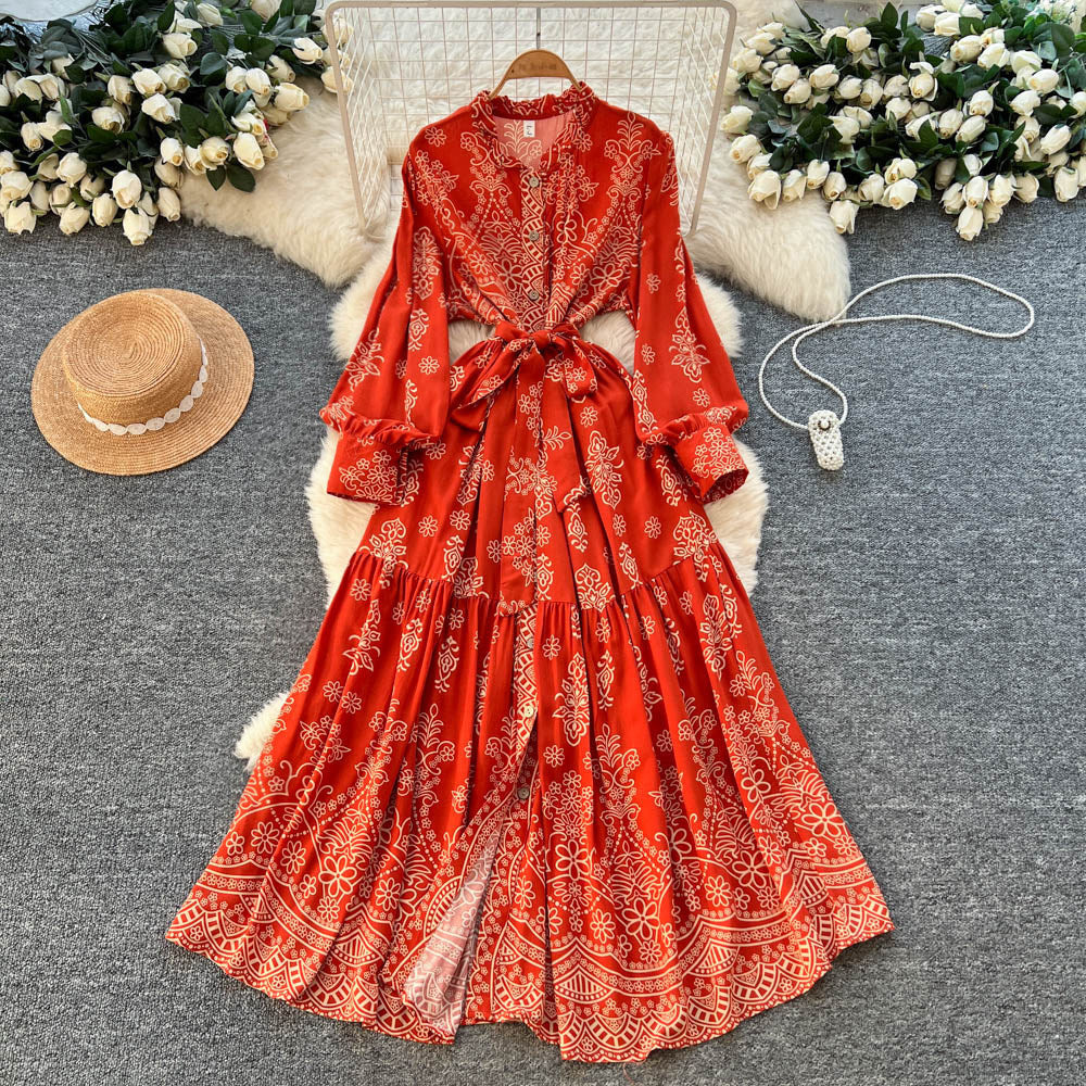 Retro Print Lapel Collar Lace Up Ruffle Hem Dress For Women