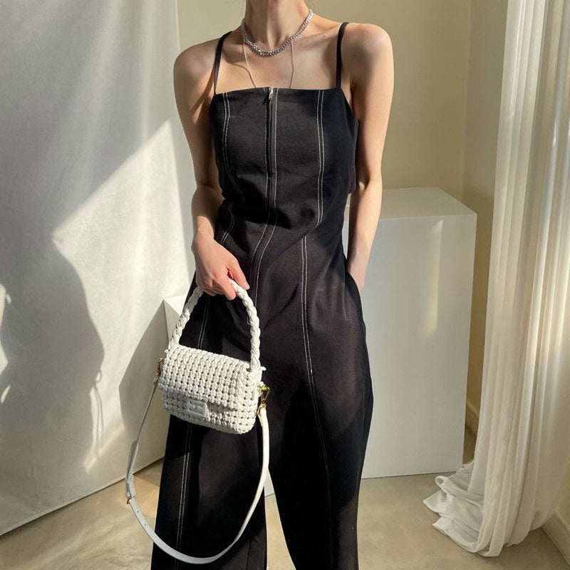 Combinaison pantalon large à fermeture éclair rétro pour femme, double poche, taille haute, coupe droite