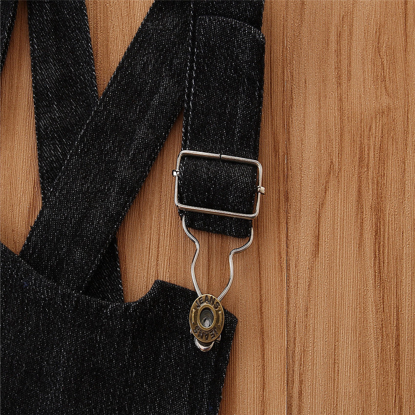 Ensemble à manches courtes pour fille, t-shirt noir à manches bouffantes, jupe à bretelles en jean, tendance