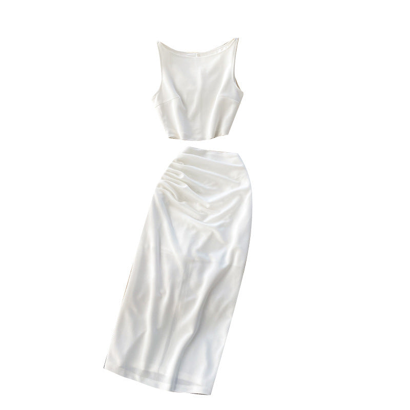 Solid Color Round Neck Vest Short Top High Waist Hip-wrapped Mid-length Dress