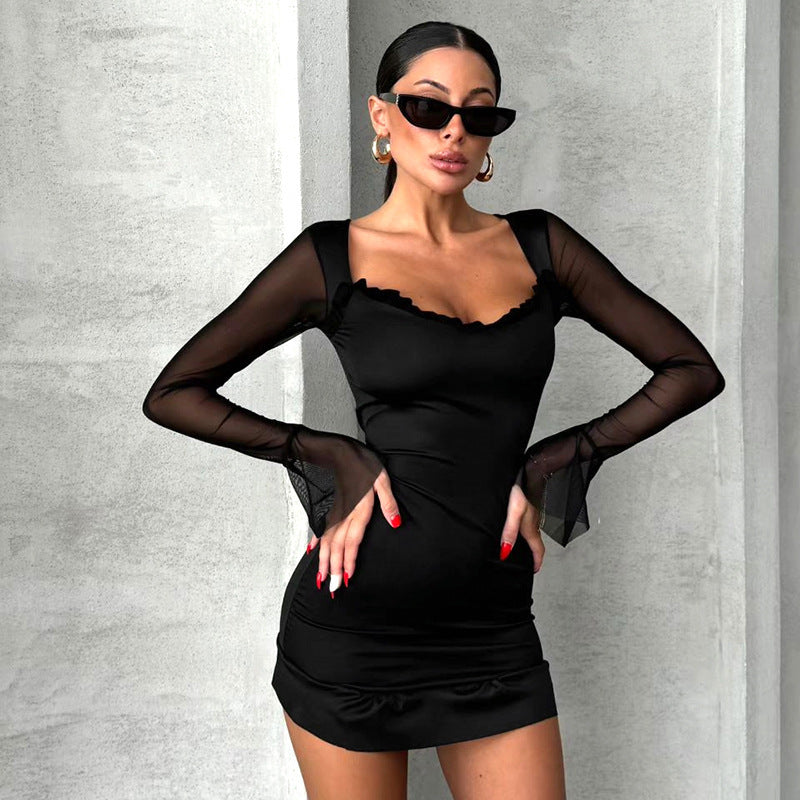Women's Mesh Stitching Horn Long Sleeve Cinched Short Dress