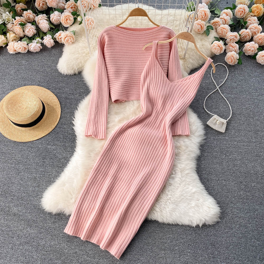 Vintage Cropped Top Sling V-Neck Dress Stacked Two Piece Suit