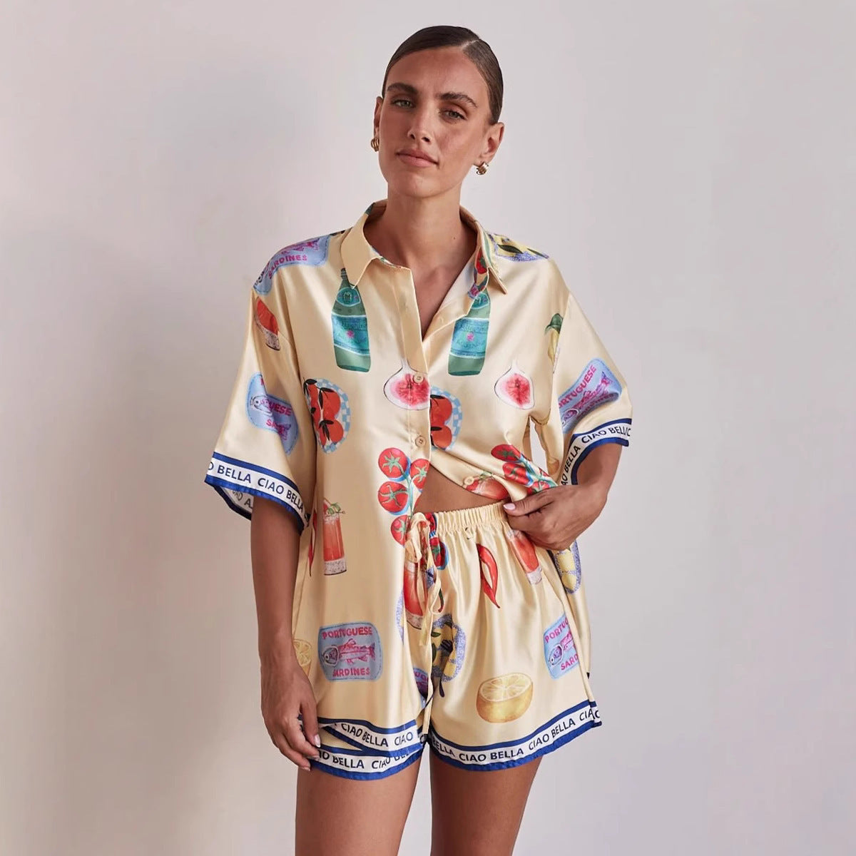 Casual Homewear Cartoon Lapel Cardigan Short Sleeve Shorts Suit