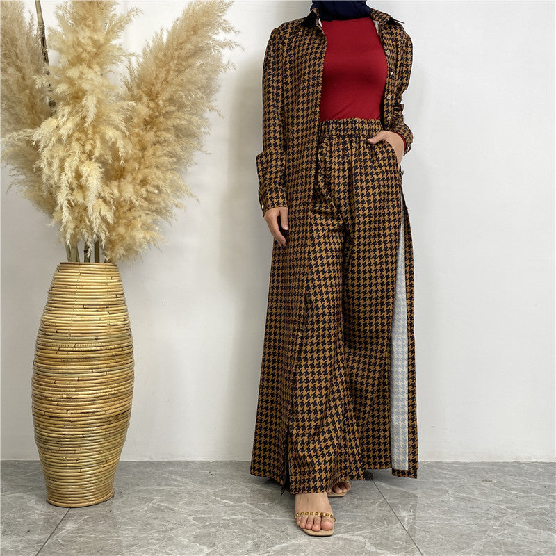 Fashion Printed Satin Full Button Long Cardigan And Pocket Pants Set