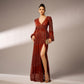 Robe de soirée sexy à manches longues et col en V, à paillettes
