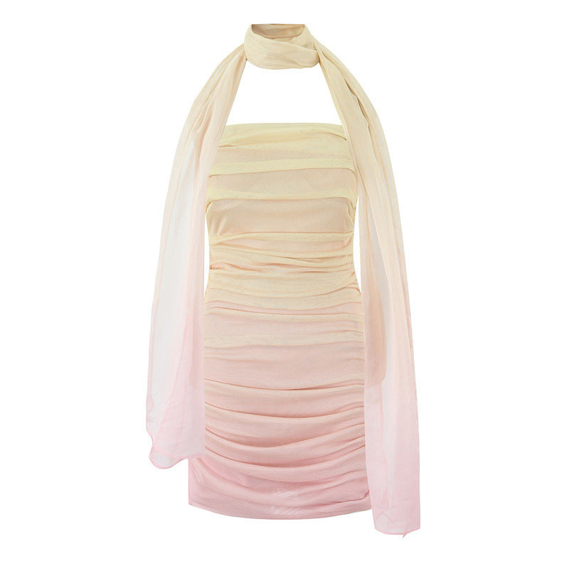 Backless Milk Silk Sleeveless Mesh Evening Dress