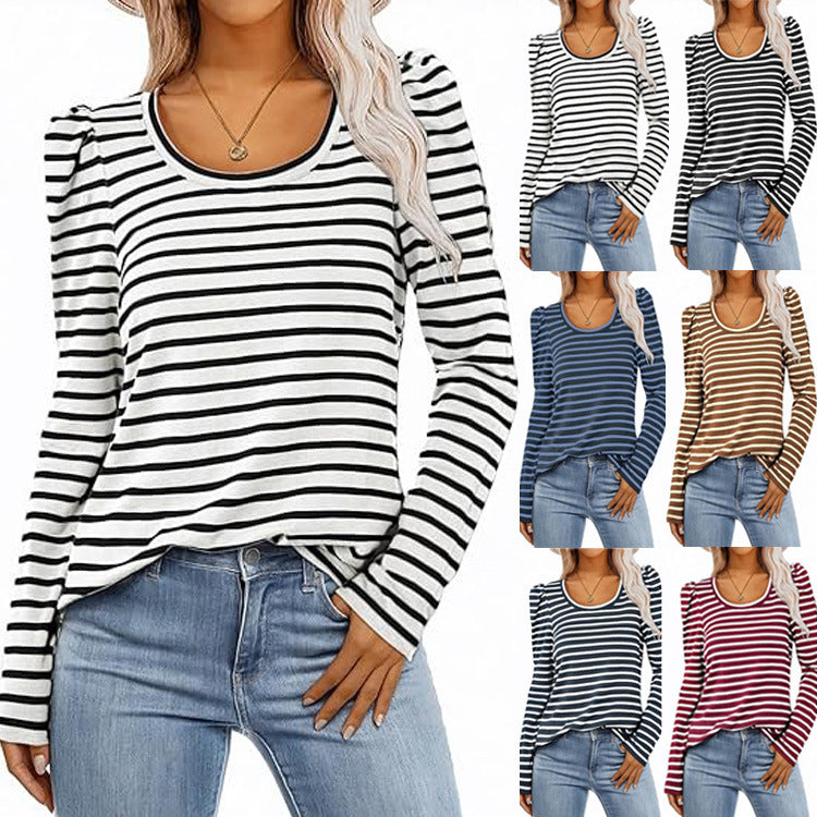 Women's Long-sleeved Round Collar T-shirt Puff Sleeve