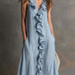 Solid-color Sleeveless Cotton-Linen V-Neck Maxi Dress With Ruffled Hem