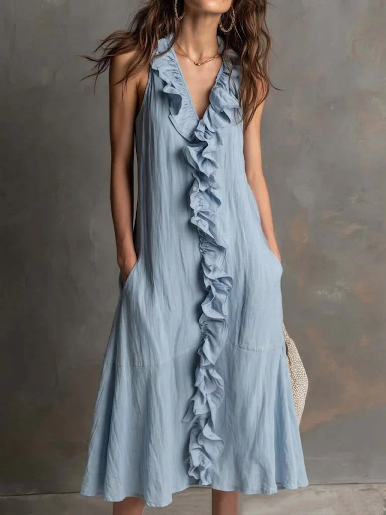 Solid-color Sleeveless Cotton-Linen V-Neck Maxi Dress With Ruffled Hem