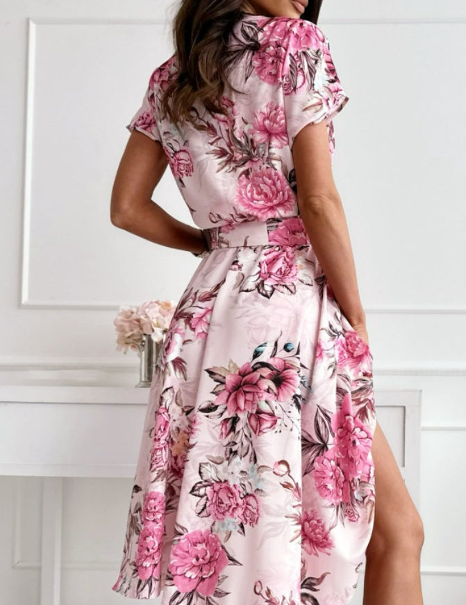V-neck Lace-up Printed Dress