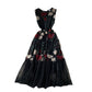 Women's Fashion Retro Mesh Rose Floral Embroidered Round Neck Dress