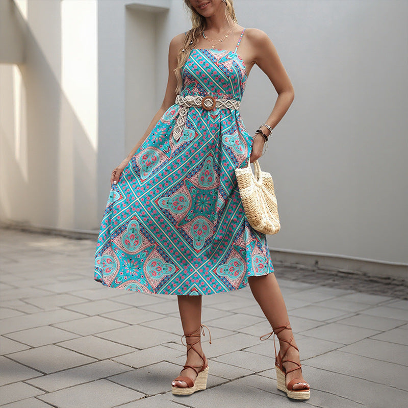 Retro Printing Slip Dress Women's Clothing