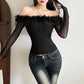Fashion Off-neck Stitching Edging Long Sleeve Women