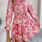 Stand Collar Flower Waist-controlled Long Sleeves Ruffled A-line Dress