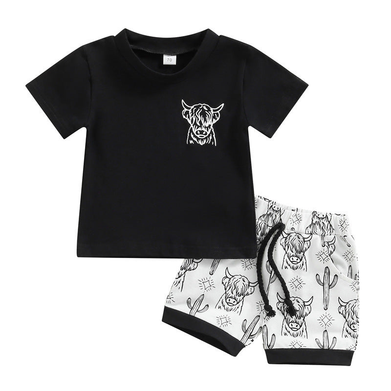 Cow Head Short-sleeved Printed T-shirt And Shorts Two-piece Set