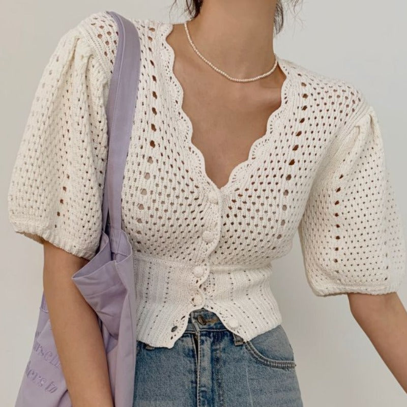 Western Style Hollow Chain Link Flower Gentle Short Knit Sweater