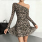 Off-Shoulder Sexy Backless Leopard-Print Long-Sleeve Dress