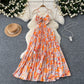 Women's Hollow-out Halter Sling High Waist Slimming Printed Pleated Dress