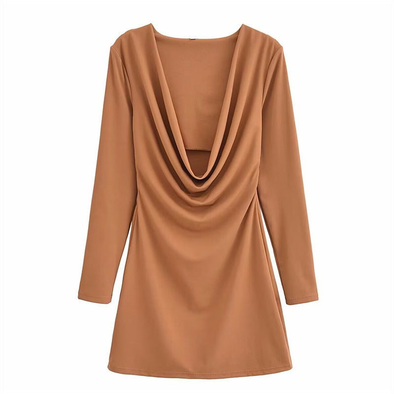 New Summer Design Tight Waist Pleated Draped Collar Long Sleeve Short Dress