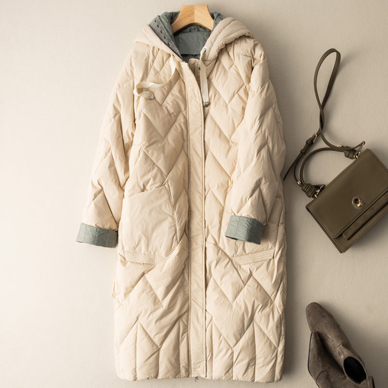 Medium Long Loose Warm Fashion Coat Women's Knitting Wool Hooded Down Jacket